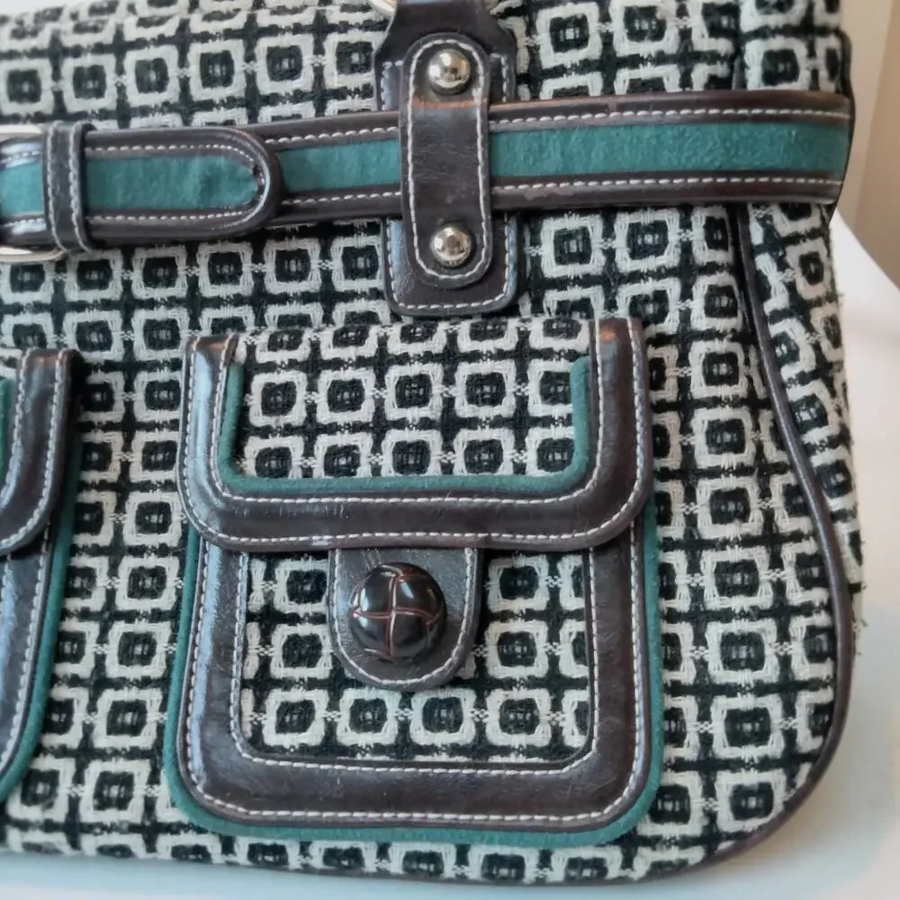 Vintage Y2K Tweed Black and White Teal Trim Satchel Bag Purse